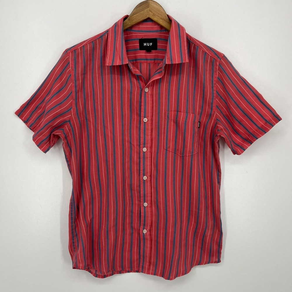 Huf Short Sleeve Button Shirt Men's Size S Red Striped Pocket Logo Cotton Blend